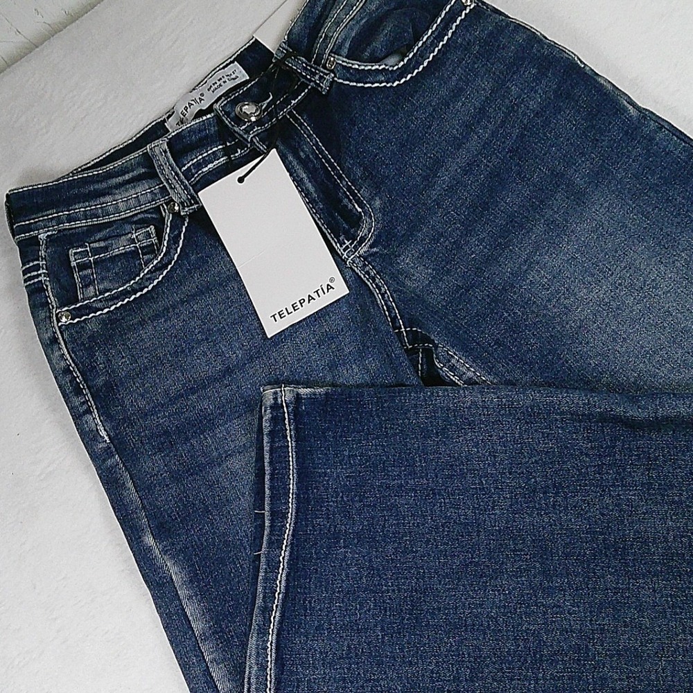 Telepatia Women Mid Rise Wide Leg Jean Skull Rose Wing Embroidery Blue Size 5/27